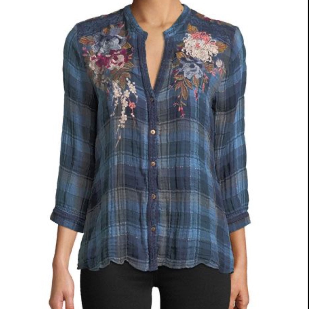 Johnny Was Blue Plaid Embroidered Button-Front Blouse